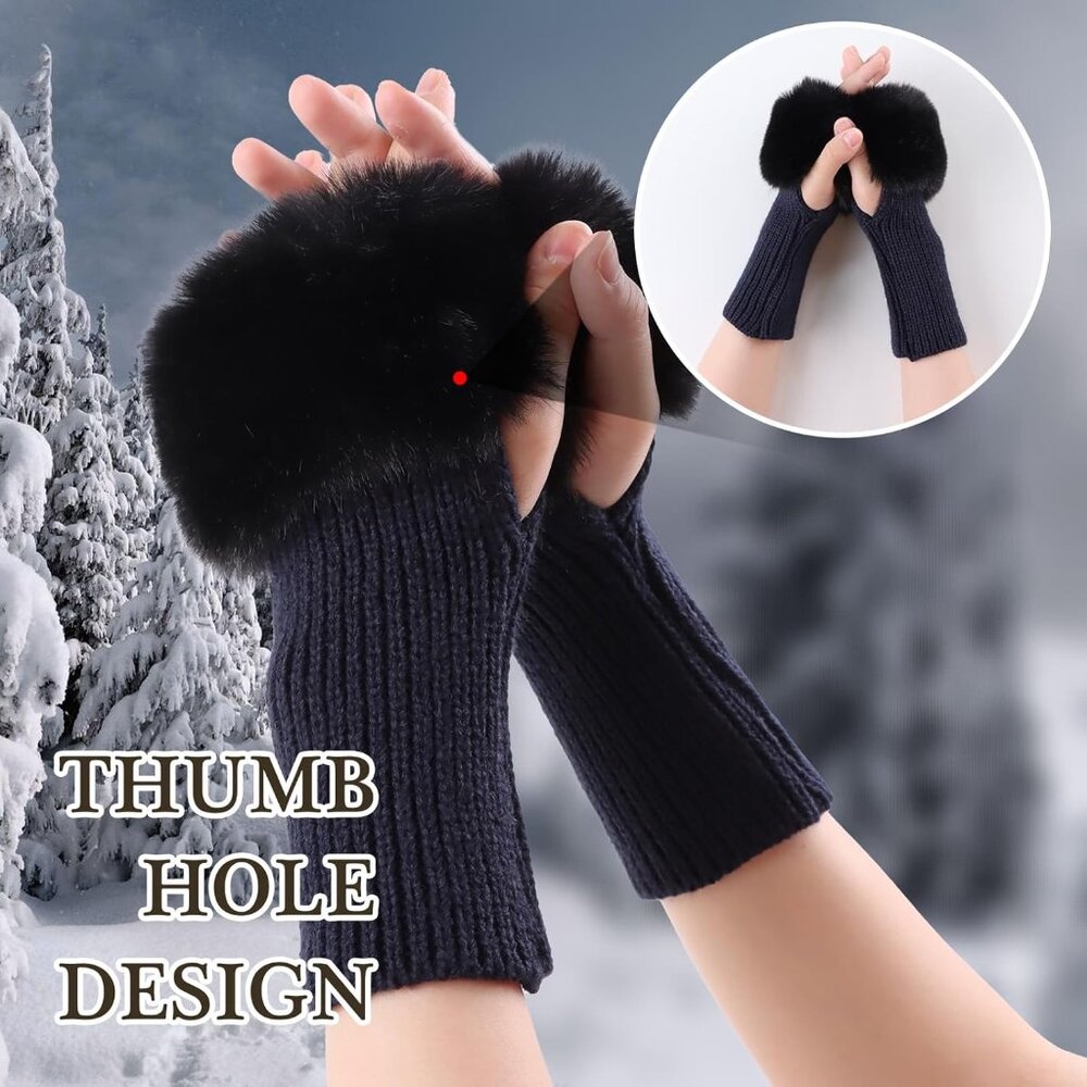 Women's Blue Knitted Fingerless Faux Fur Wrist Cuff Thumb Hole Warmers Gloves - Picture 4 of 6